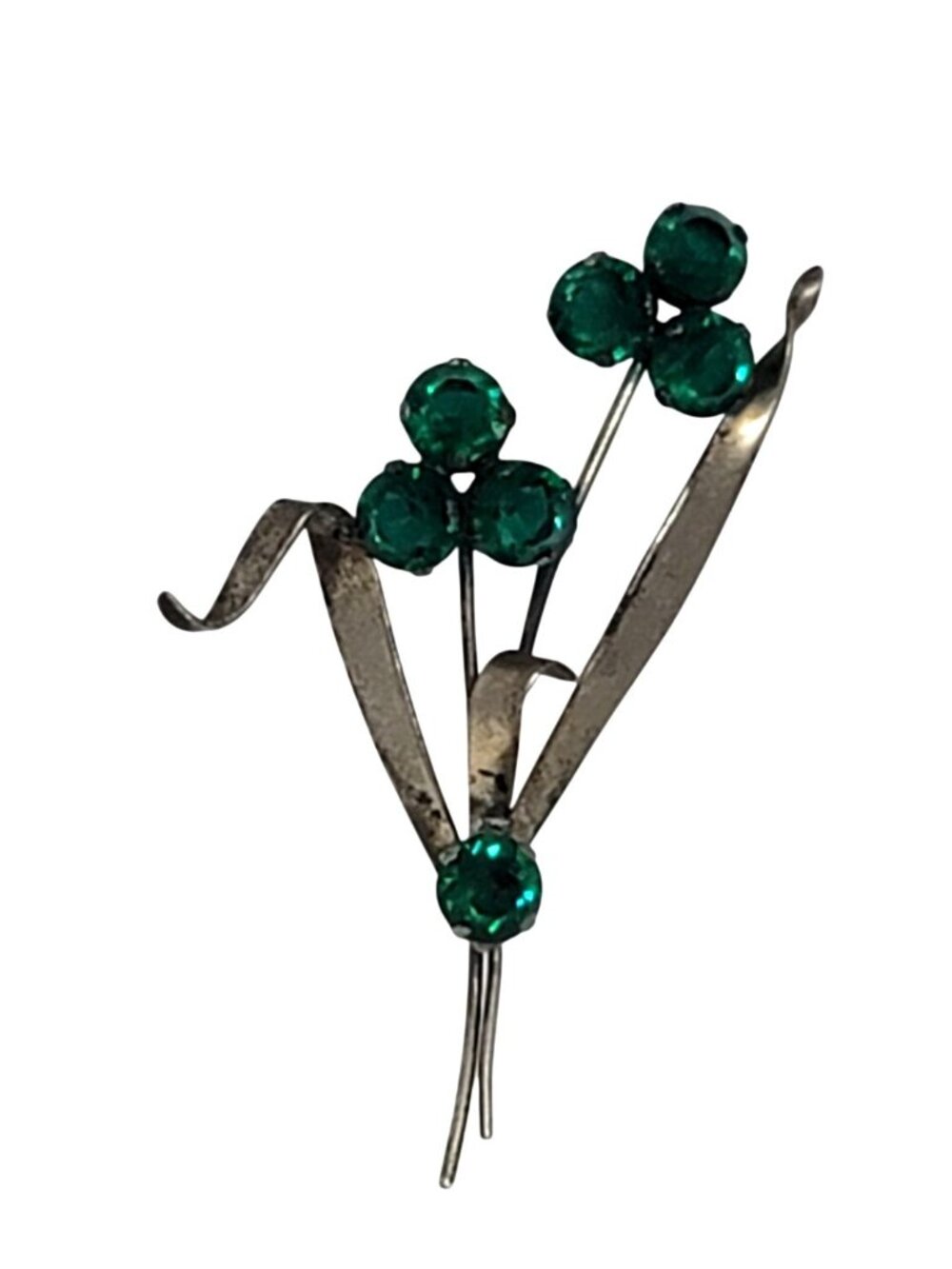 Vintage Silver Floral Brooch With Green Rhinestone Accents Elegant Design